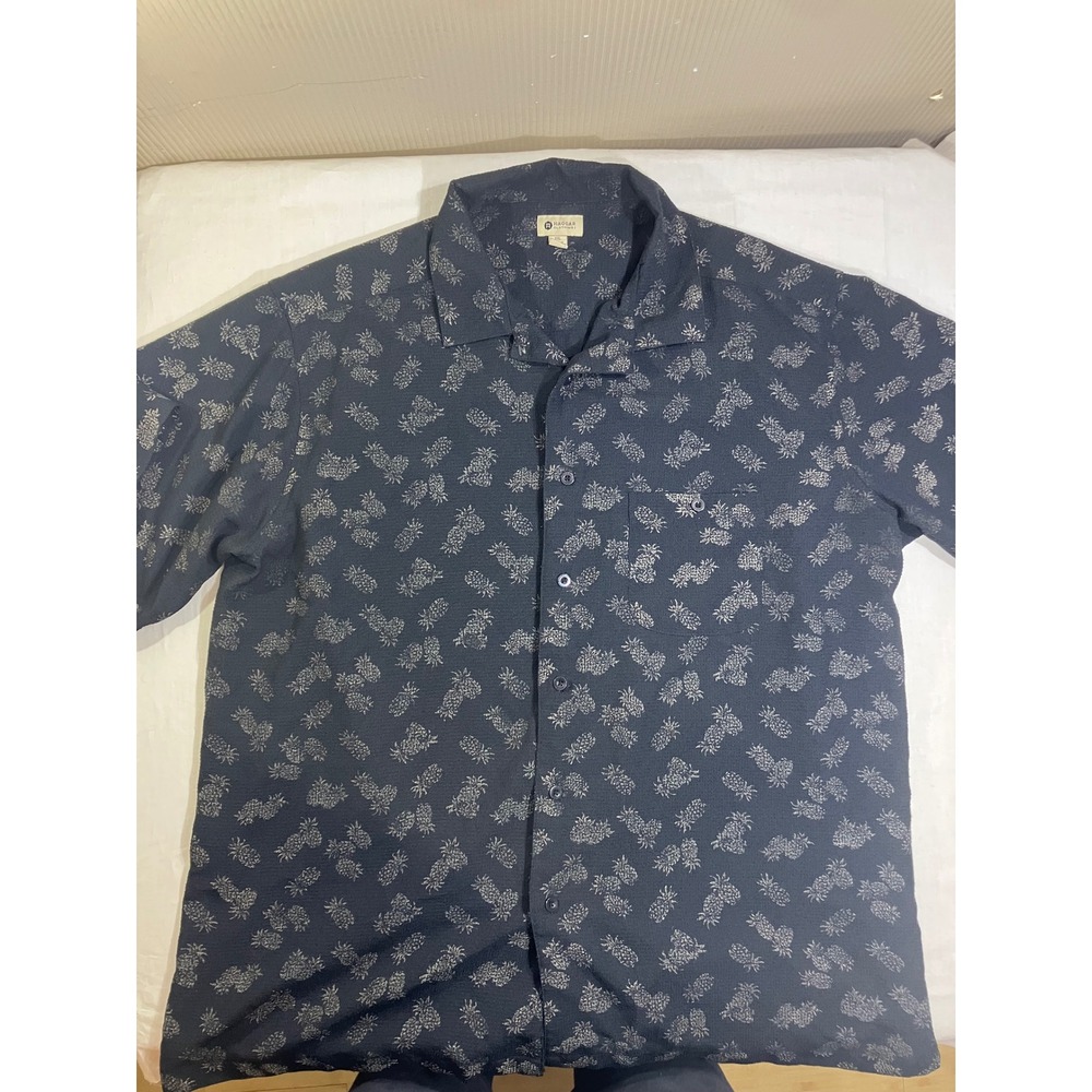 Haggar Mens XXL Pineapple Hawaiian Button Down‎ Shirt Navy Blue Short Sleeve